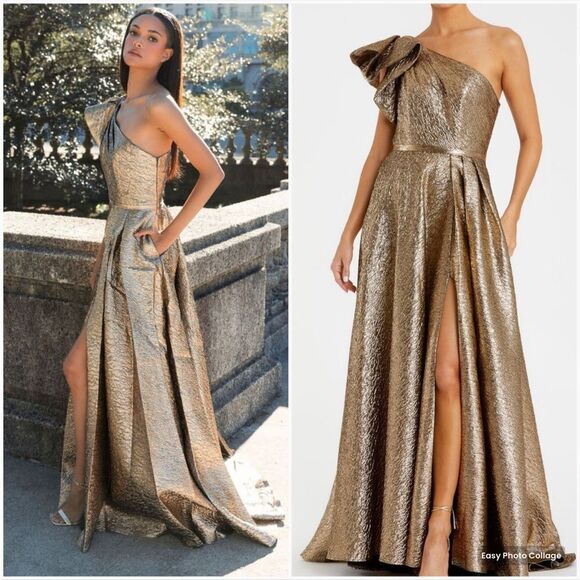 MAC DUGGAL 67297 Womens Gold One Shoulder Metallic Ballgown Dress - Picture 1 of 15